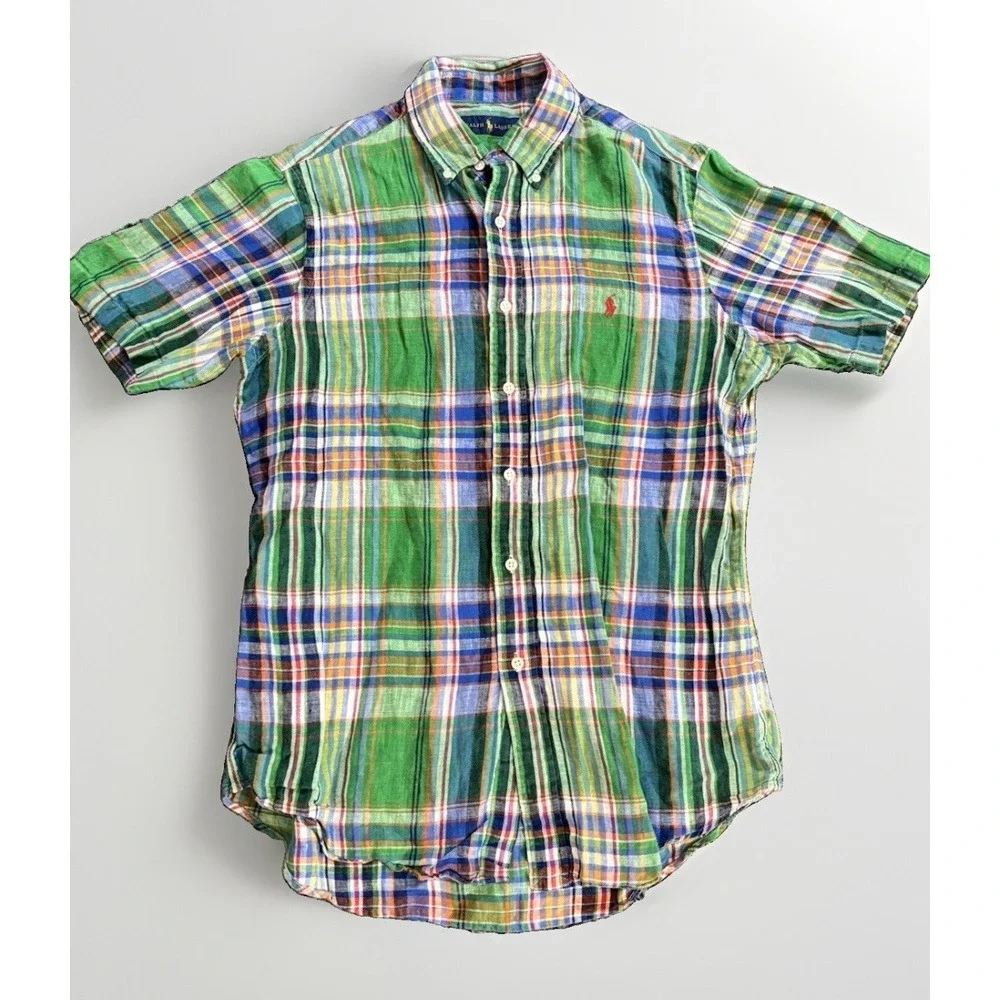 Polo Ralph Lauren Shirt short-sleeve green plaid linen button-down Mens L